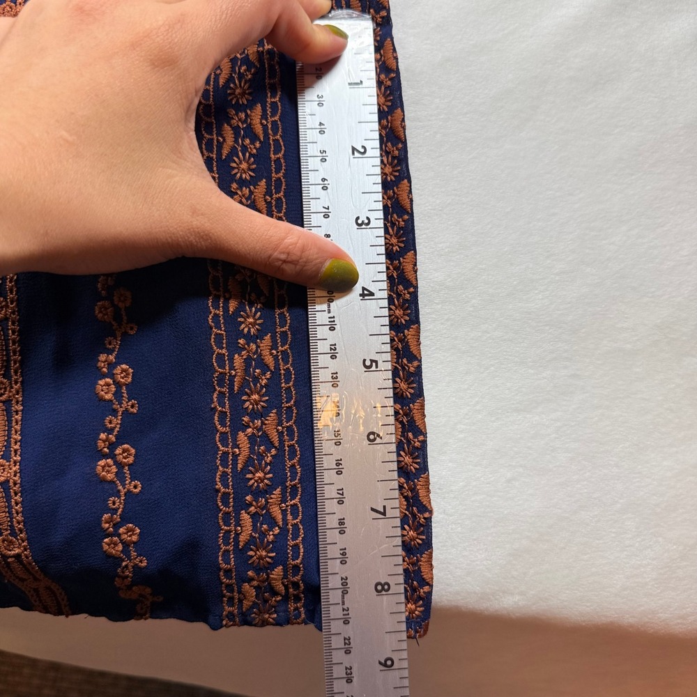 BCBGMAXAZRIA Navy Blue Orange Embroidered Lace Trim Maxi Dress Long Sleeve XXS - Picture 12 of 16